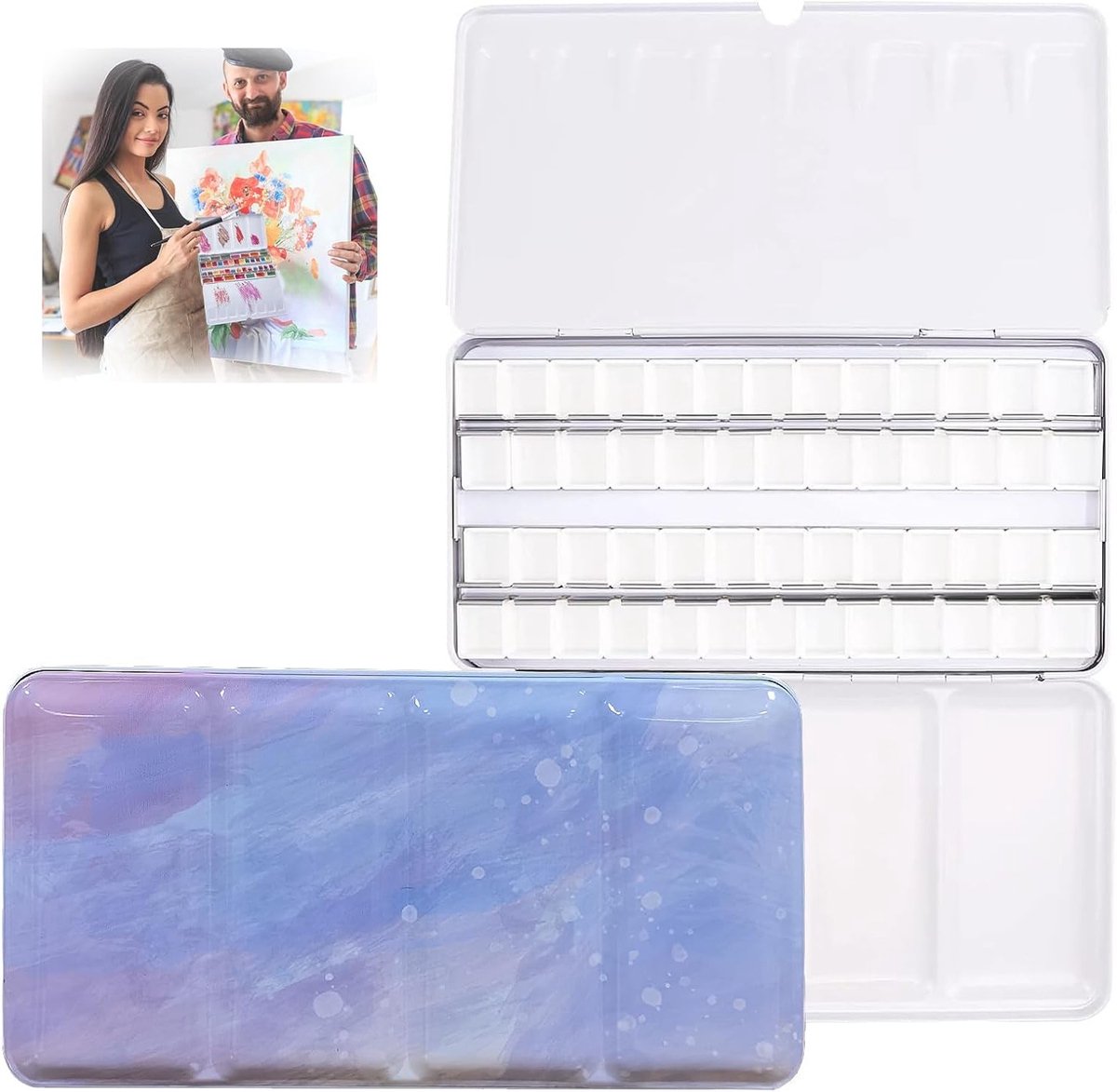 Grote Waterverf Palet met 52 Stukjes Half Pans in Metaal voor Schilderen en DIY Kunstprojecten - Lichtpaars en Fantasievol