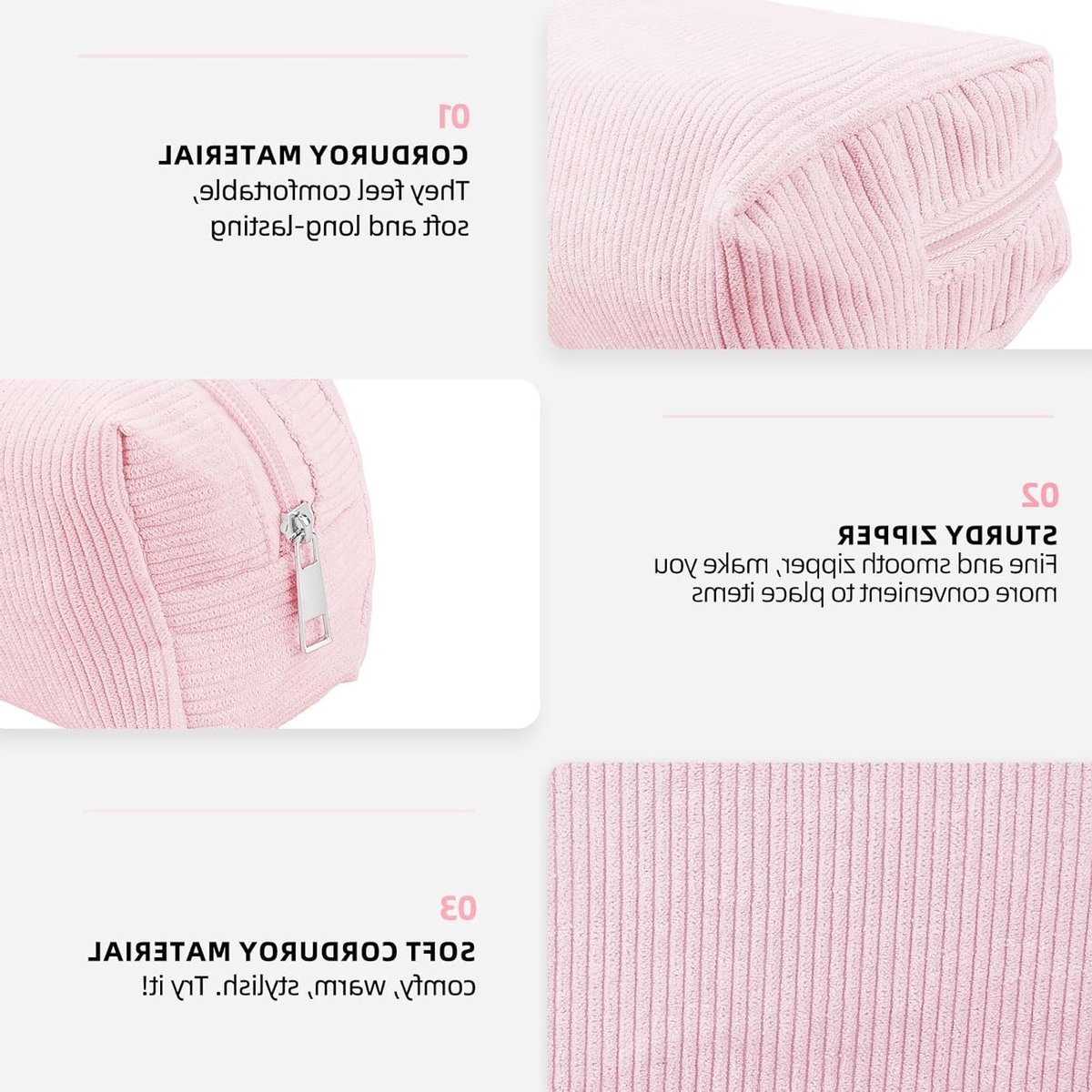 Stijlvolle Corduroy Make-up Tas voor Vrouwen, Reisvriendelijk met Metaalrits, Perfect voor Schoonheidsproducten en Accessoires (Roze)