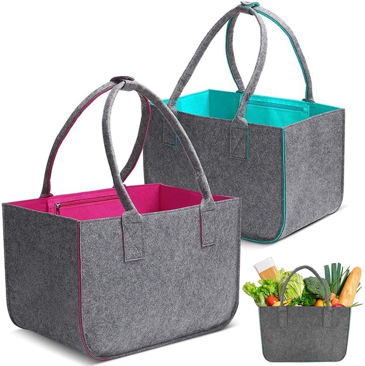 MTTProducts - Felt Bags Shopper - Vouwbare Tas - Robuust en Duurzaam - Groen/Paarse Set van 2 - Herbruikbare Winkel- en Opbergtas - Geschikt voor Winke...