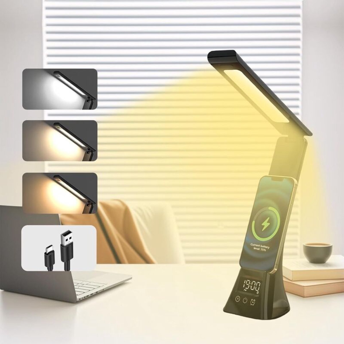 LED-bureaulamp, oplaadbare draadloze LED-bureaulamp, dimbaar, 3 kleurstanden, aanraakbediening, geschikt voor timer en geheugenfunctie, geschikt voor kinderen, studeren en kantoorgebruik - Zwart