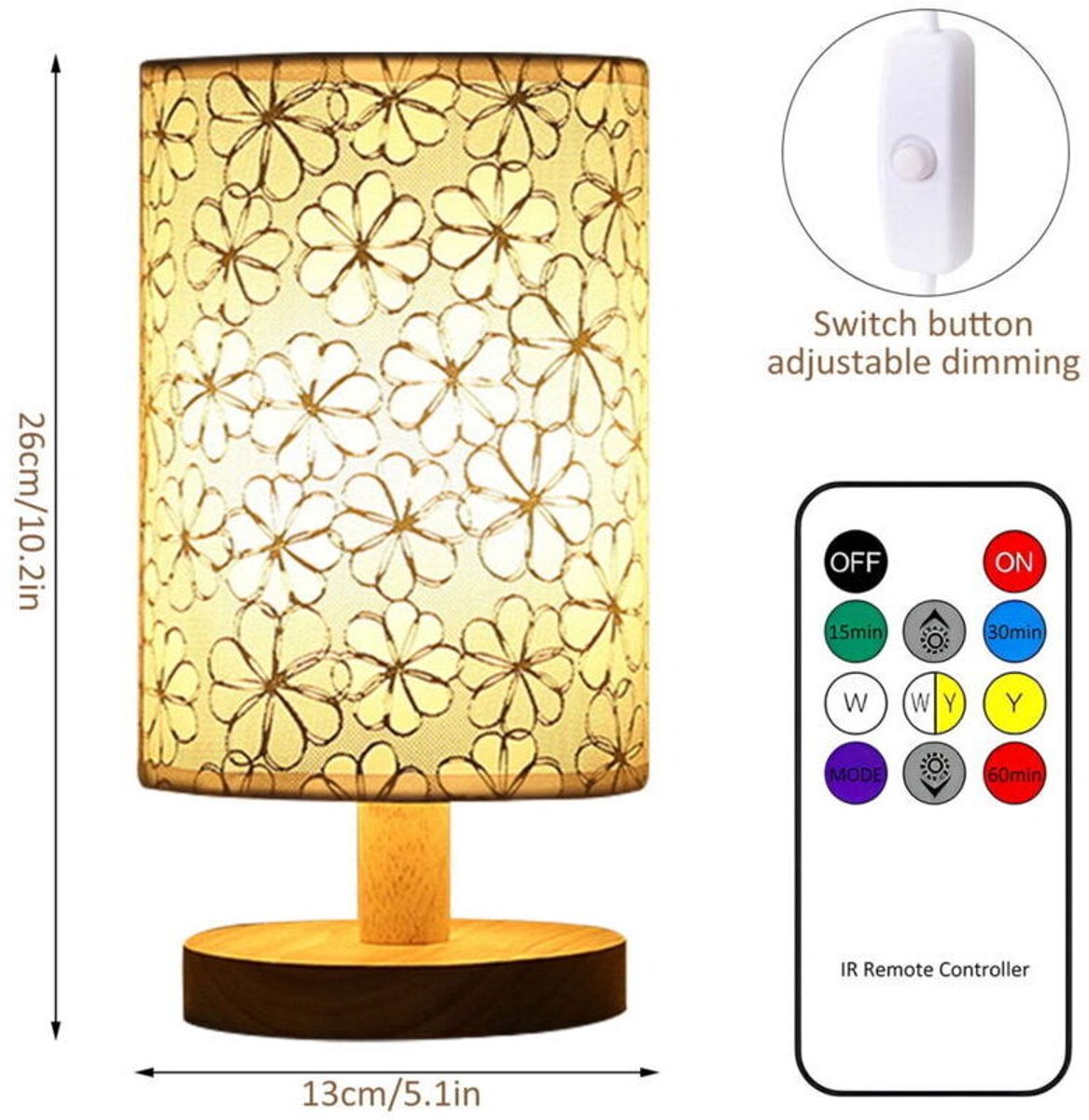Tafellamp van stof, linnen LED-nachtlampje, geschikt voor afstandsbediening, warm wit licht, nachtlampje, USB-voeding, geschikt voor slaapkamers, woonkamers en decoratief gebruik (drie instelbare kleuren).