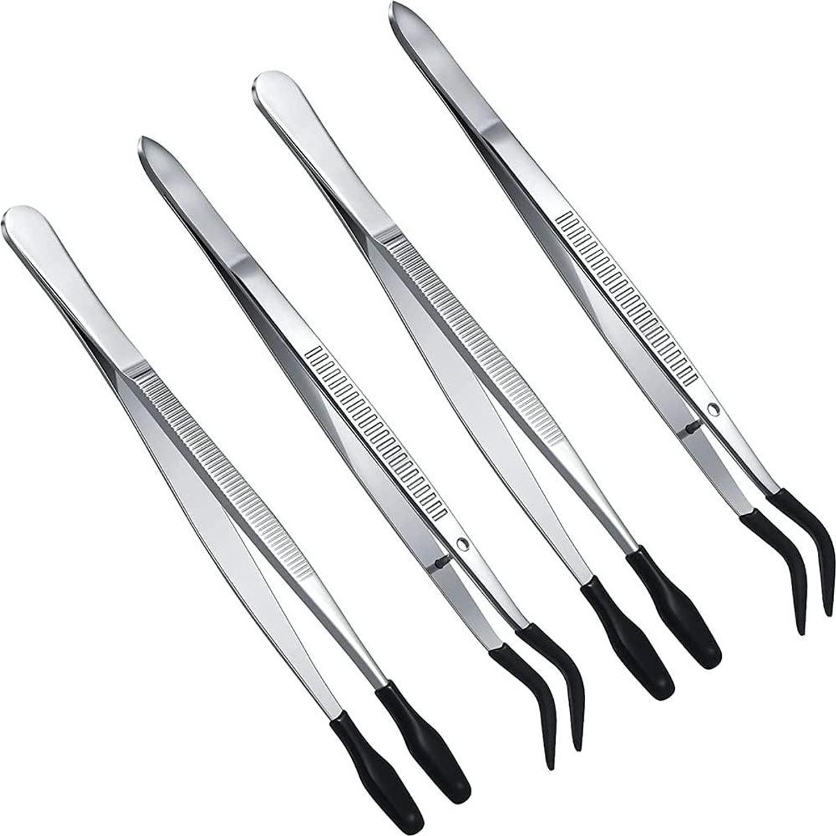 Pincet Set - Precisie Tangen - Hobby Werk - Rubberen Coating - 4 Stuks 12/15cm - Zwart