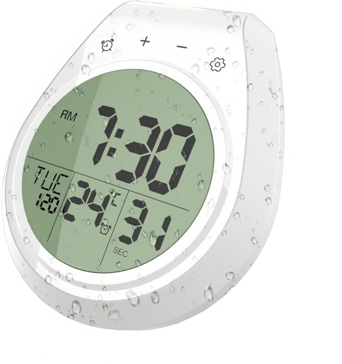 Waterdichte digitale doucheklok, keukenwanddecoratie, toont temperatuur, datum en dag van de week, schakelaargeschikt voor Fahrenheit/Celsius, afteltimer, zuignaphaak.