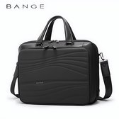 Zwarte BANGE laptoptas met handvatten, schouderband en golvend patroon.