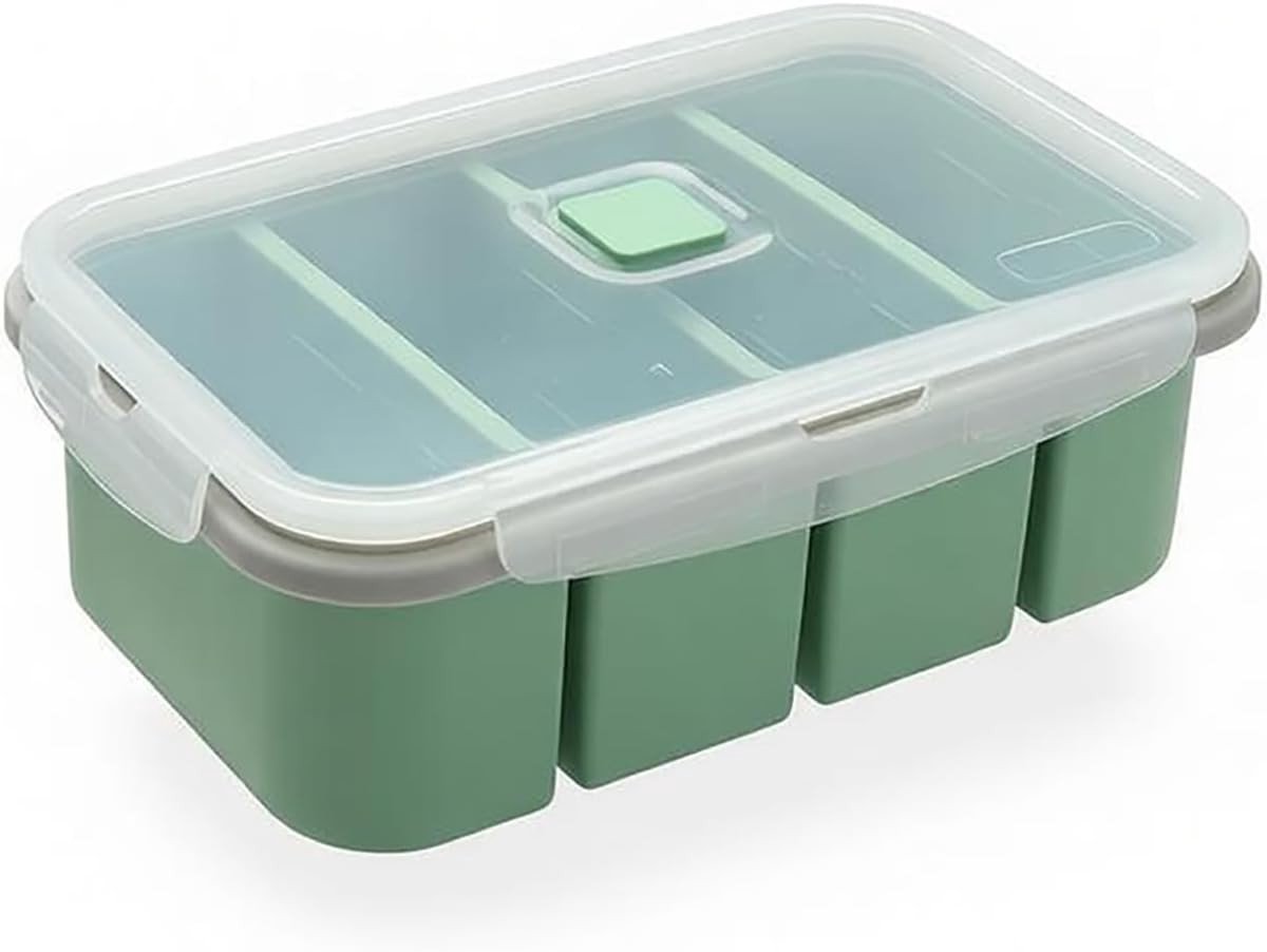 Vriescontainer van siliconen met deksel voor soep, bouillon en sauzen - vacuümdichte voedselopslag, ideaal voor maaltijdvoorbereiding en keukenorganisatie (groen, 4 vakken)