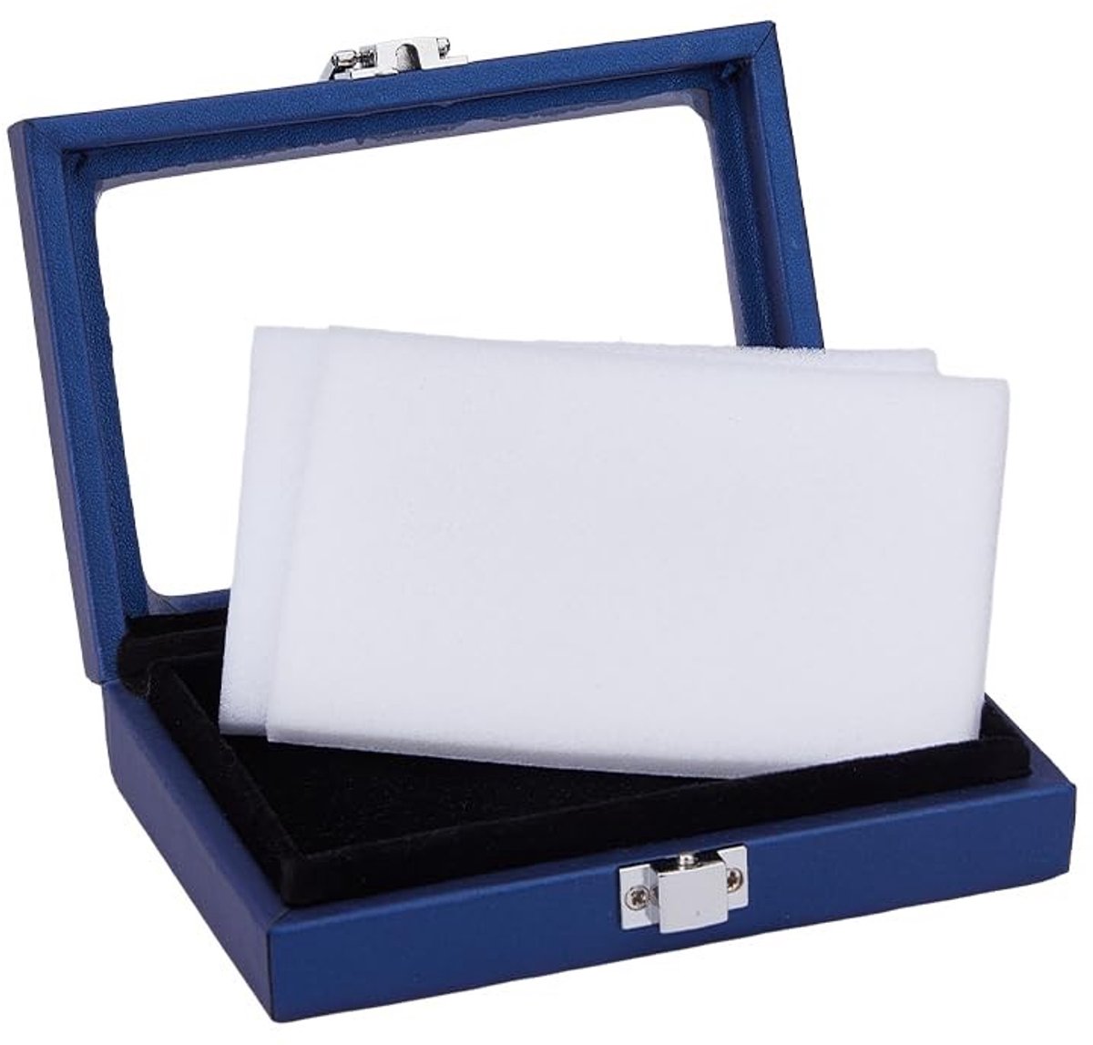 Dailygoods- Opbergdoos PU Lederen - Sieraden Organizer - Glazen Top - Binnenspons - Pruisisch Blauw - 95x130x33 mm - Sieradenbox
