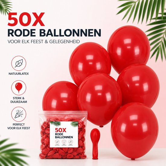 Vijf rode ballonnen, een zak met rode ballonnen en een rode ballonstrip, met de tekst '50X RODE BALLONNEN'.
