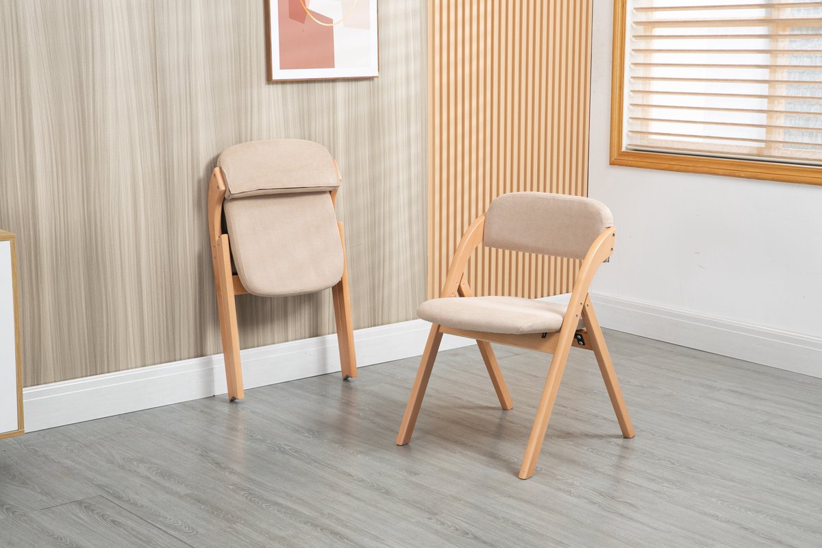 MODFU Klapstoelen - Gestoffeerde Zitting - Afneembare Hoes - Stapelbaar - Voor Eetkamer - Massief Hout - Khaki - Set Van 2