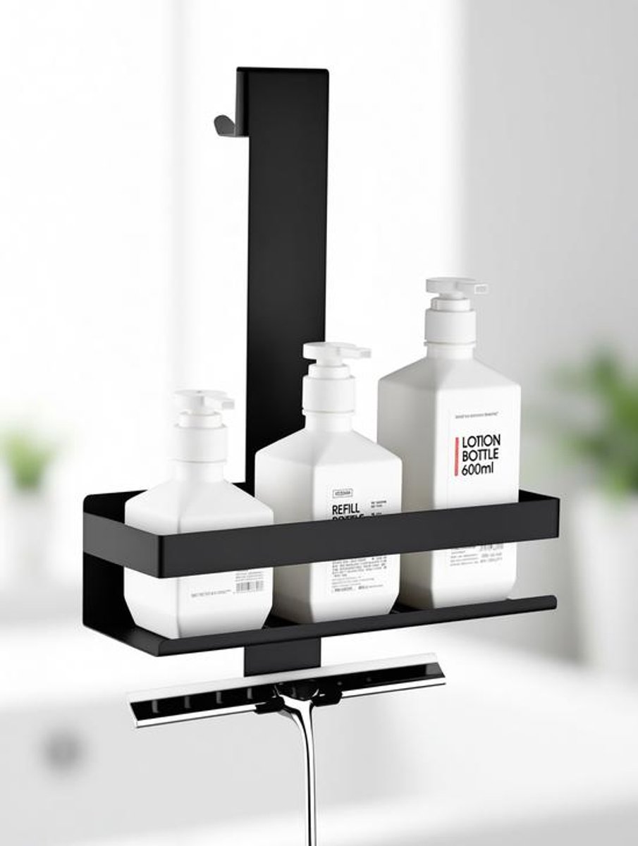 ElleMooi Hangende Doucheplank Matzwart - Roestvrij Stalen Douchemand met Haken voor Glazen Wand - 30x10x8 cm