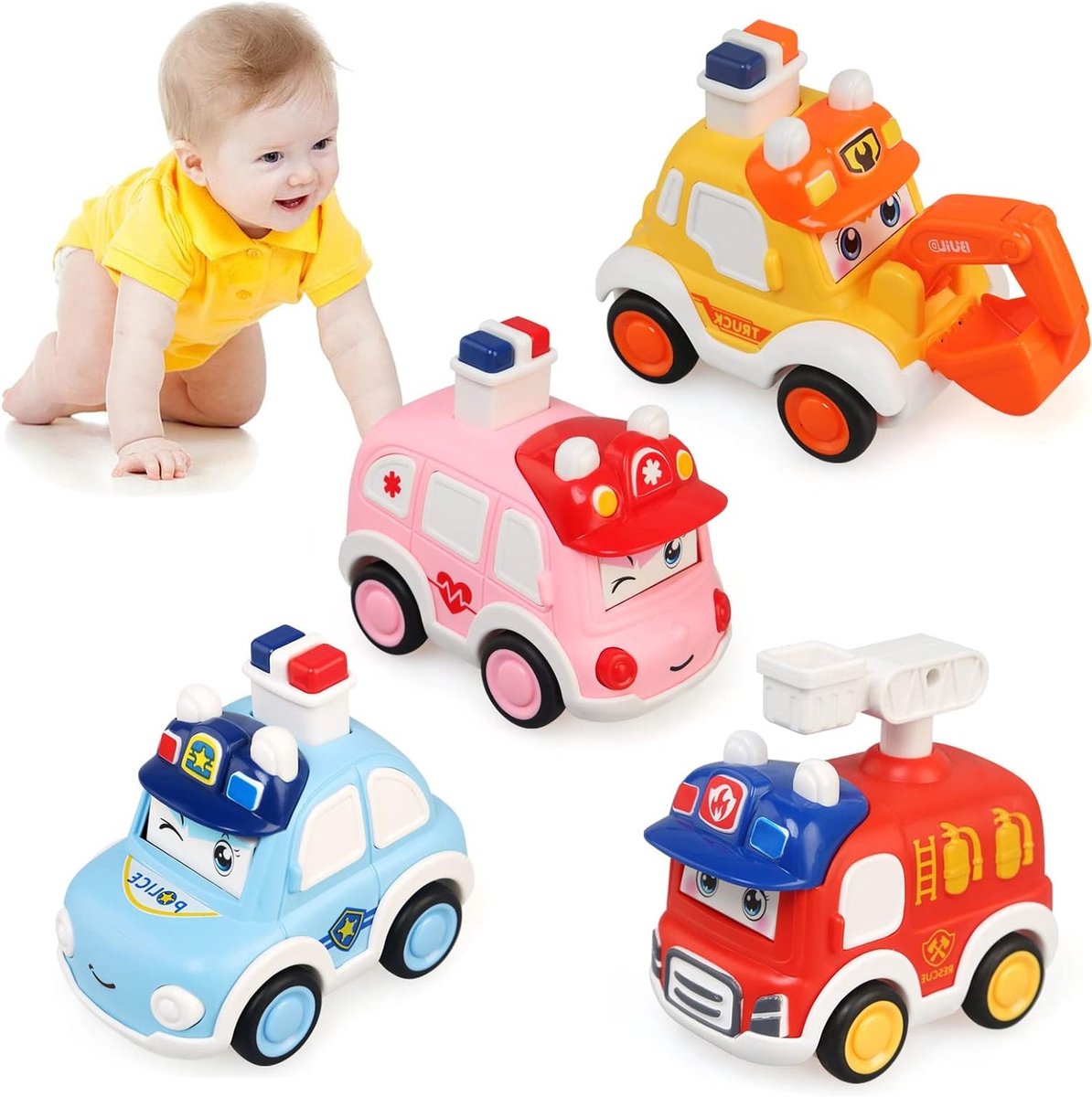 Mini Speelgoed Auto Set - 4 Stuks Wrijving Voertuigen voor Kinderen van 1-5 Jaar - Educatieve Spellen voor Jongens en Meisjes, Creatief Speelgoed en Motorische Vaardigheden