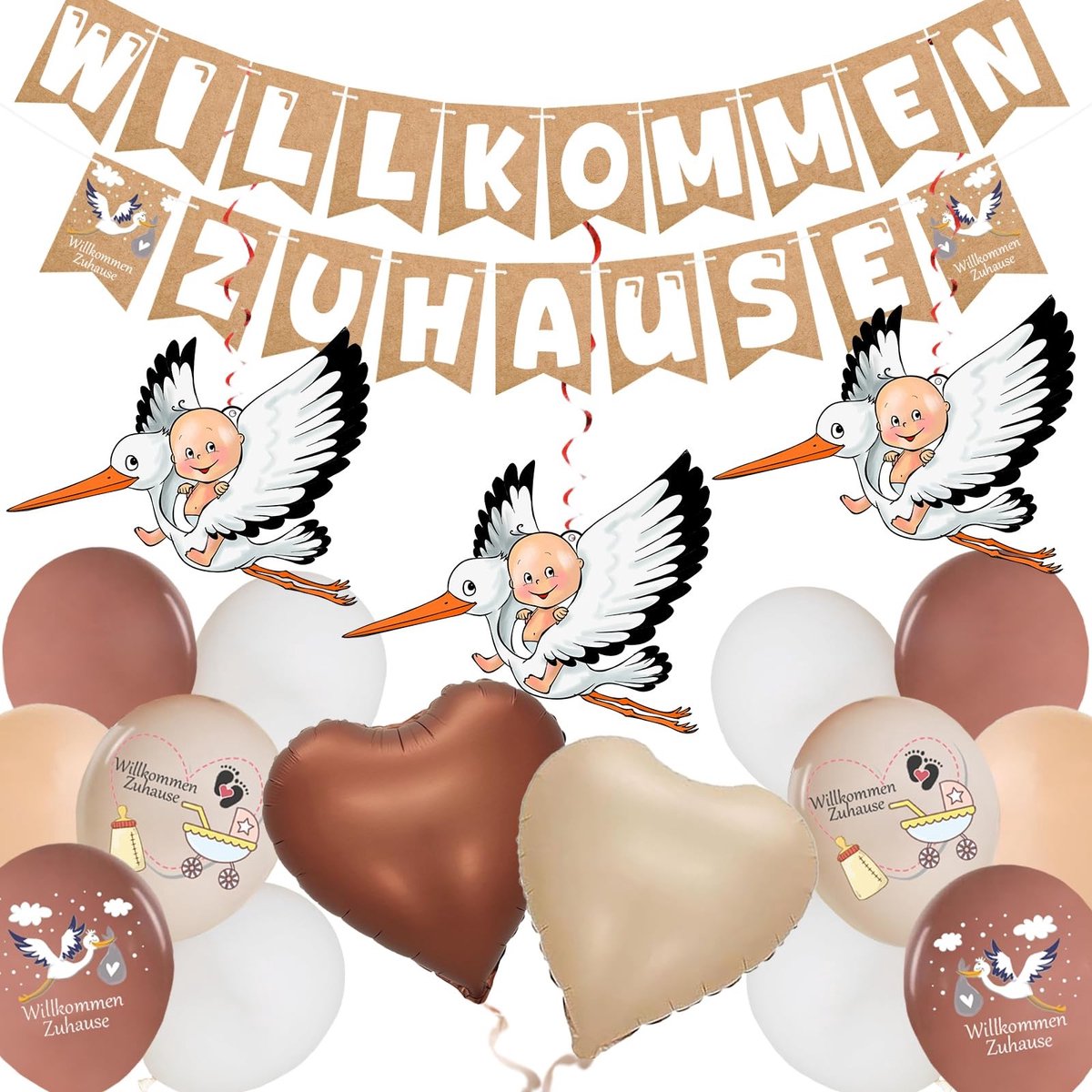 Dailygoods- Babydecoratie Welkom Thuis - 18 Stuks - Geboorte Decoratie - Ballonnen - Folieballonnen - Neutrale Tint - Voor Babyfeestjes - Geboortedecoratie