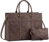 SLC Collection Vintage Dames Laptoptas 15,6 Inch – Werktas met Clutch – Espresso Bruin – Vintage Stitch - Stijlvolle Werk- en Schoudertas – Waterafstotend PU-Leer