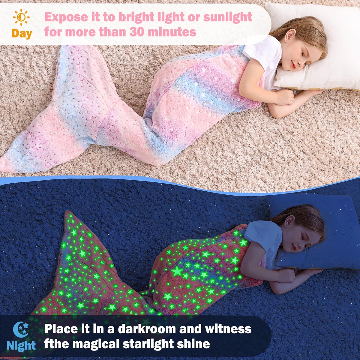 Dailygoods - Zeemeerminstaart-deken - Flanellen deken - Licht op in het donker - Meerkleurige ster - Cadeau voor meisjes - Geschikt voor kinderen - 43...