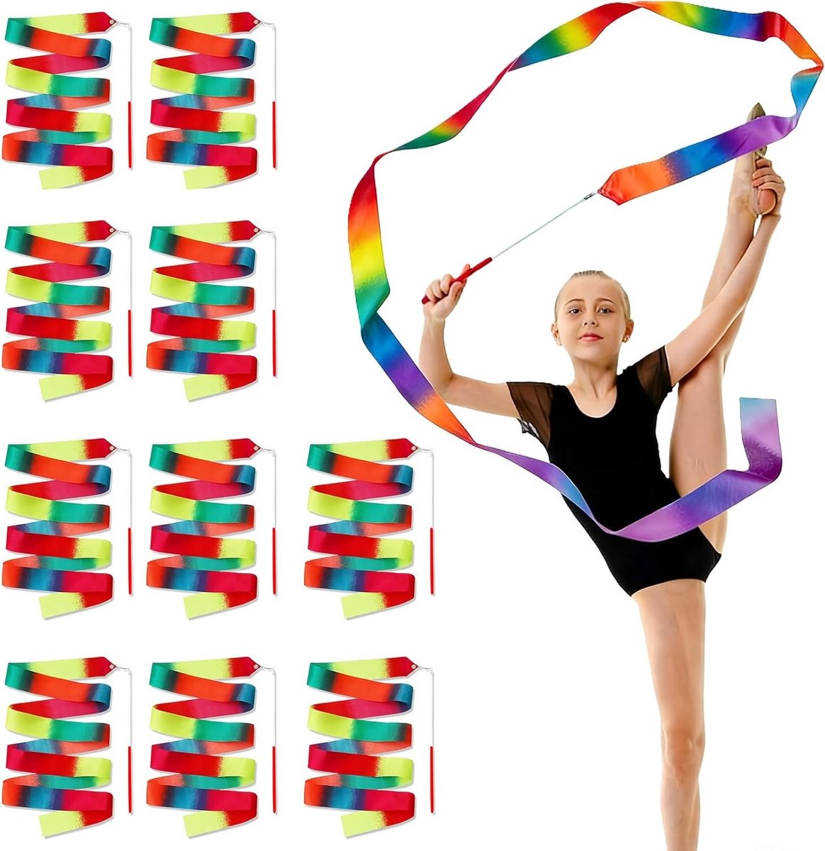 Set van 10 Multicolore Gymnastiekbanden voor Kinderen en Meisjes, Geschikt voor Dans, Ritmische Gymnastiek en Talentenshows (2 Meter)
