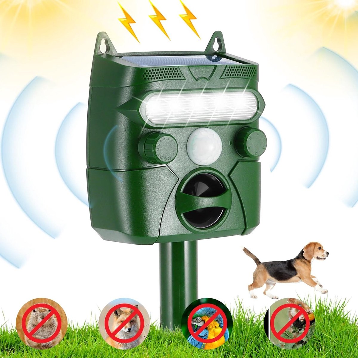 Ultrasone Kat Afschrikker voor de Tuin met PIR Sensor, 5 Instellingen en Waterdichte Grondpen