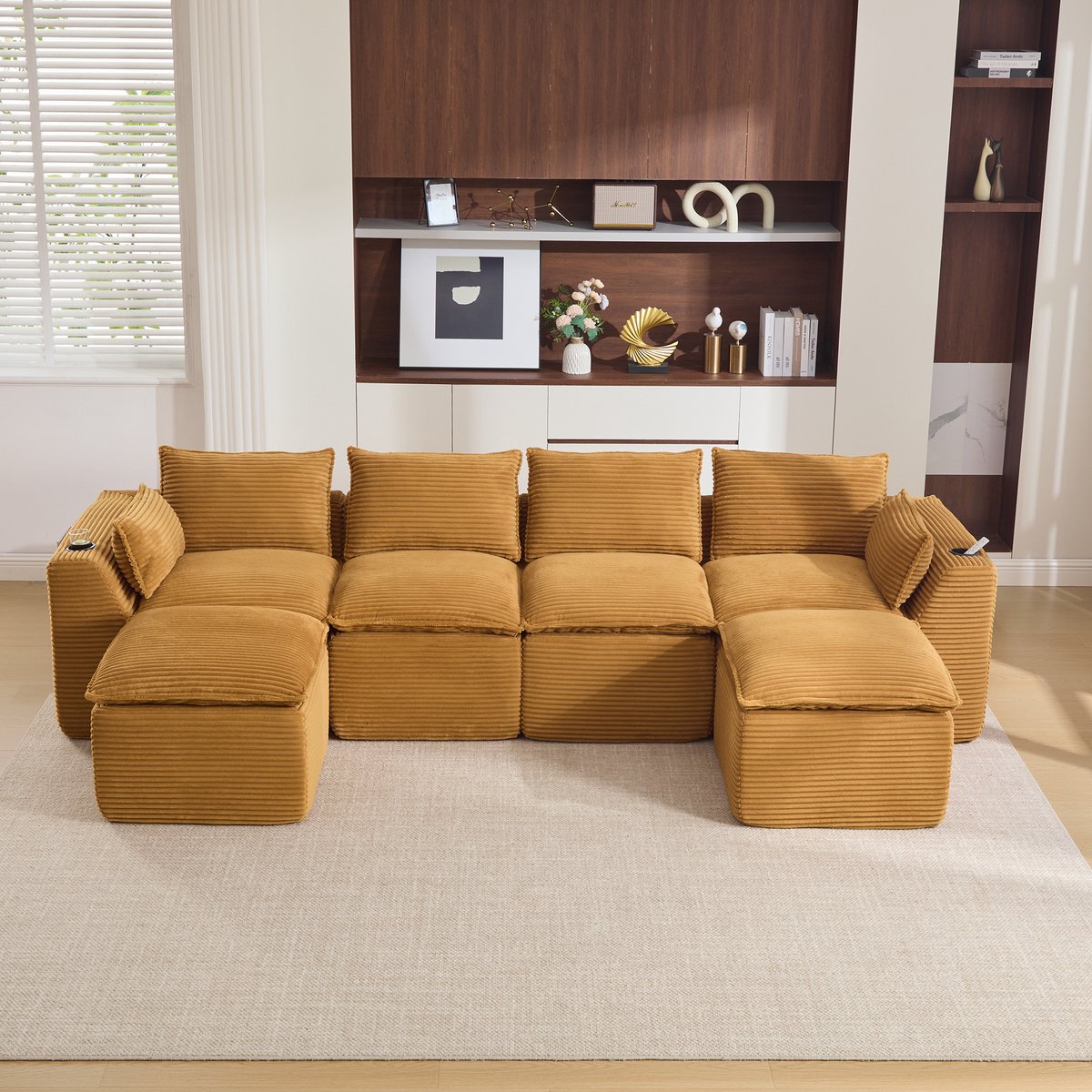 STILVORA Hoekbank 322 x 161 cm - Modulair 4-Zits Met Voetbanken En Zijvakken - Voor Woonkamer En Kantoor - Cord Oranje