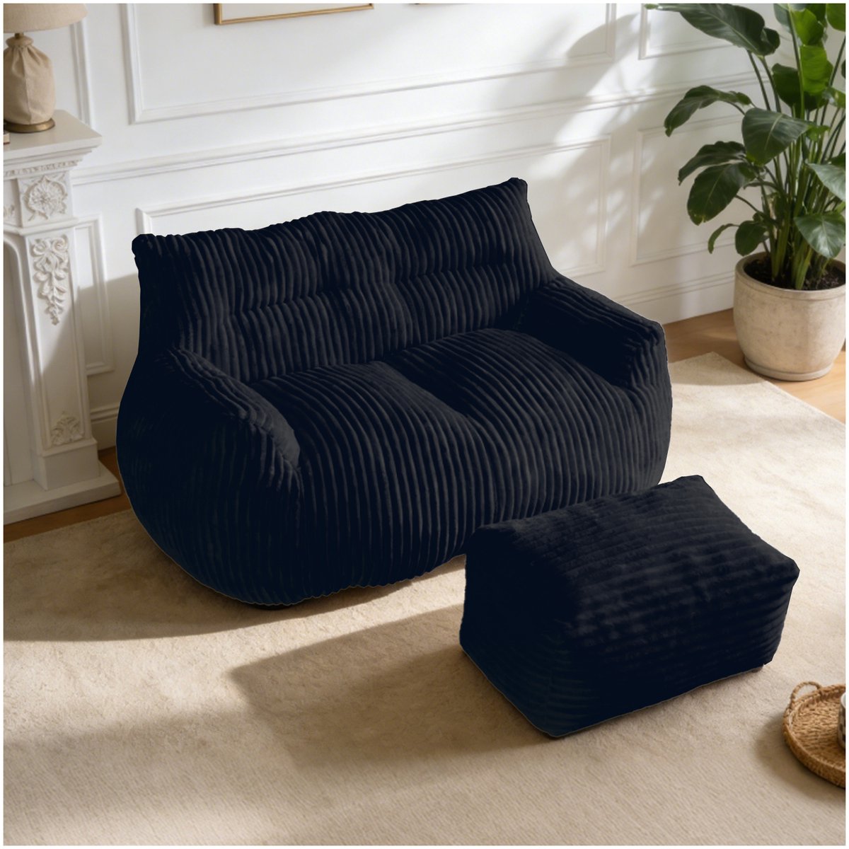 OKWISH Zitzakstoel Met Voetenbank - Extra Groot Loungemodel Voor Ontspannen In Woonkamer Of Slaapkamer - Flanel - Zwart