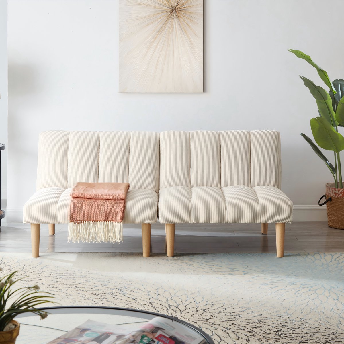 OKWISH Slaapbank 167 Cm - 3 Standen Verstelbare Rugleuning - Voor Woonkamer Of Kantoor - Corduroy - Beige