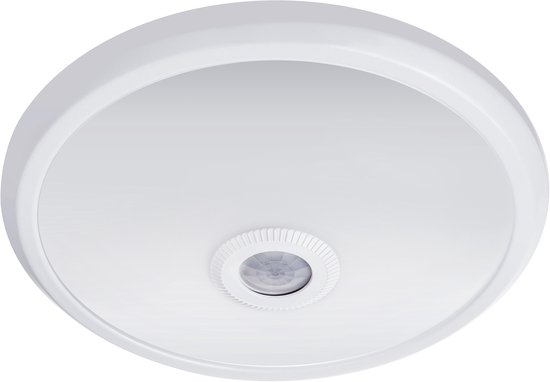 Ronde, witte plafondlamp met een doorschijnende diffuser en een centrale bewegingssensor.