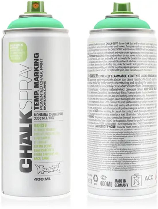Une bombe de peinture avec un bouchon vert et l'inscription "CHALKSPRAY TEMP. MARKING MONTANA CANS TURQUOISE".