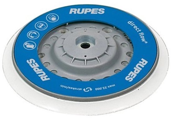 RUPES steunpad met 'direct flow' aanduiding, blauwe rand en witte schuimlaag.