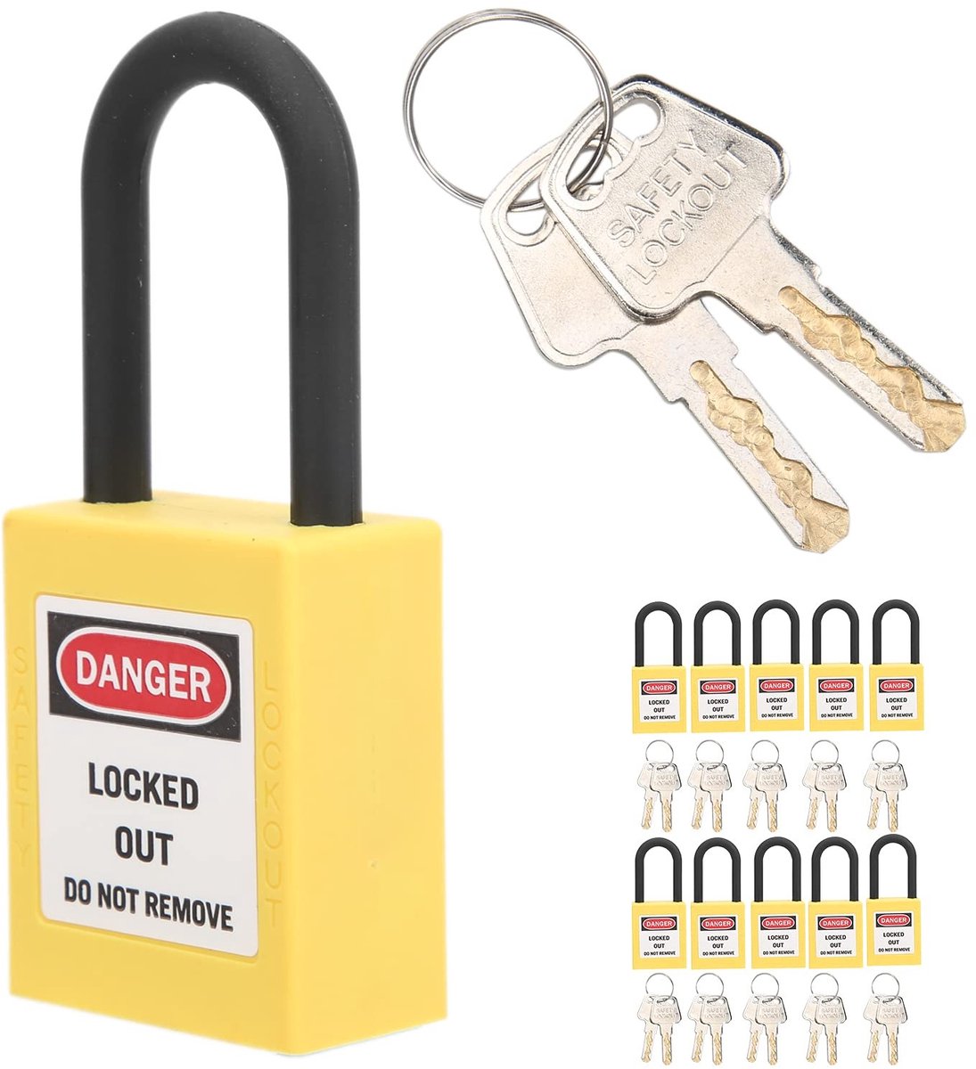 JHUBERS - Veiligheids Padlock Set - 10-delige set met 20 sleutels - Geel - Lockout Tagout - Veiligheidsslot - Geschikt voor industrie - Kleur geel