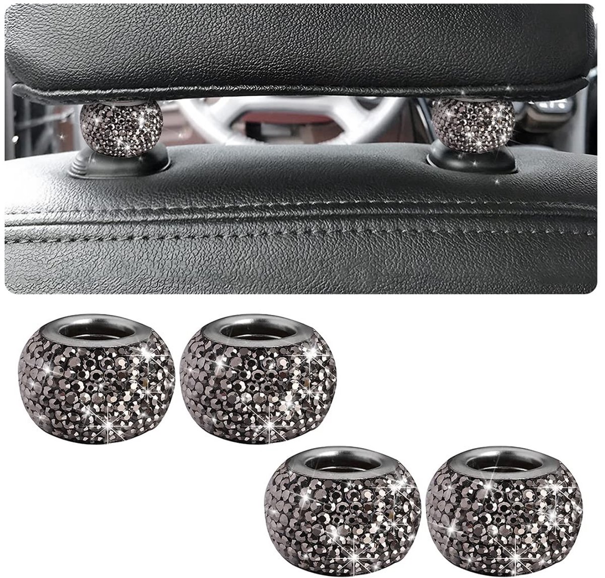Dailygoods- Hoofdsteun Ringen - Universeel - Crystal - Interieurdecoratie - Accessoires - Koper/Strass-steentjes - 4 Stuks - Autodecoratie
