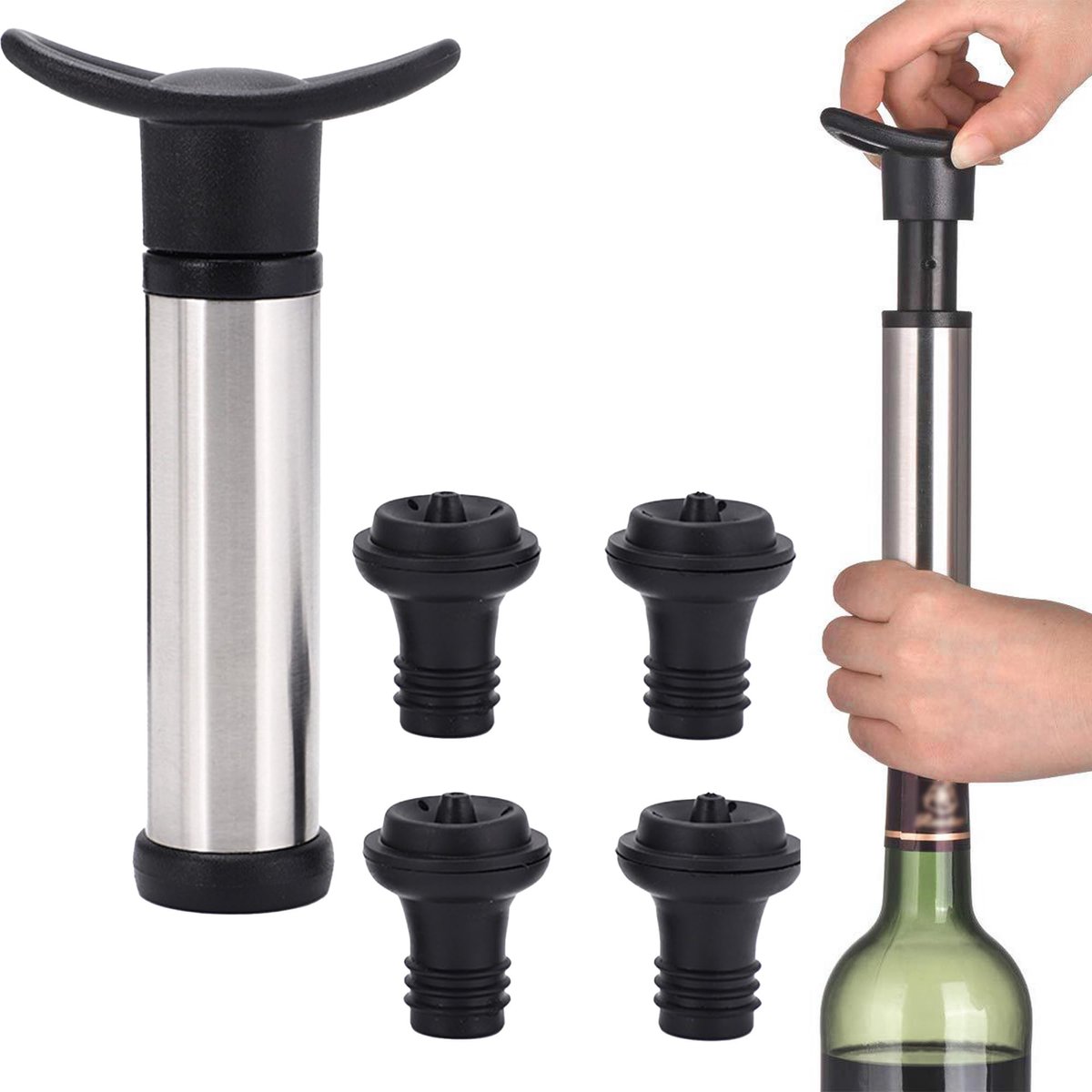 Dailygoods- Wijnflessendop Vacuümpomp van Roestvrij Staal - 2-in-1 Wijnschenktuit - 4 Herbruikbare Siliconen Doppen - Slijtvast en Corrosiebestendig - Voor Langdurige Opslag - Wijnpomp