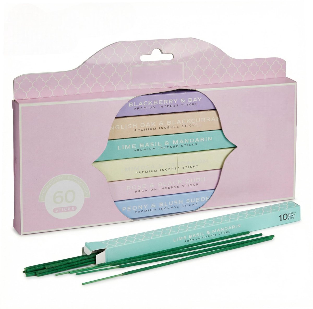 Dailygoods- Wierookstokjes Set 60 Stuks - 6 Geurcomposities - Geschenkdoos met Kijkvenster - Voor Thuisspa/Yoga - Aromatische Ervaring - Verander Sfeer - Geurstokjes