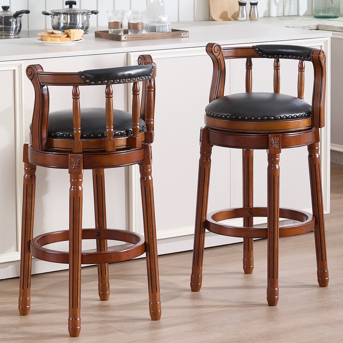 REDOM Barkruk - Draaibare Zitting met Rugleuning - Klassieke Stijl - Voor Keuken en Bar - Hout en Echt Leer - Zwart