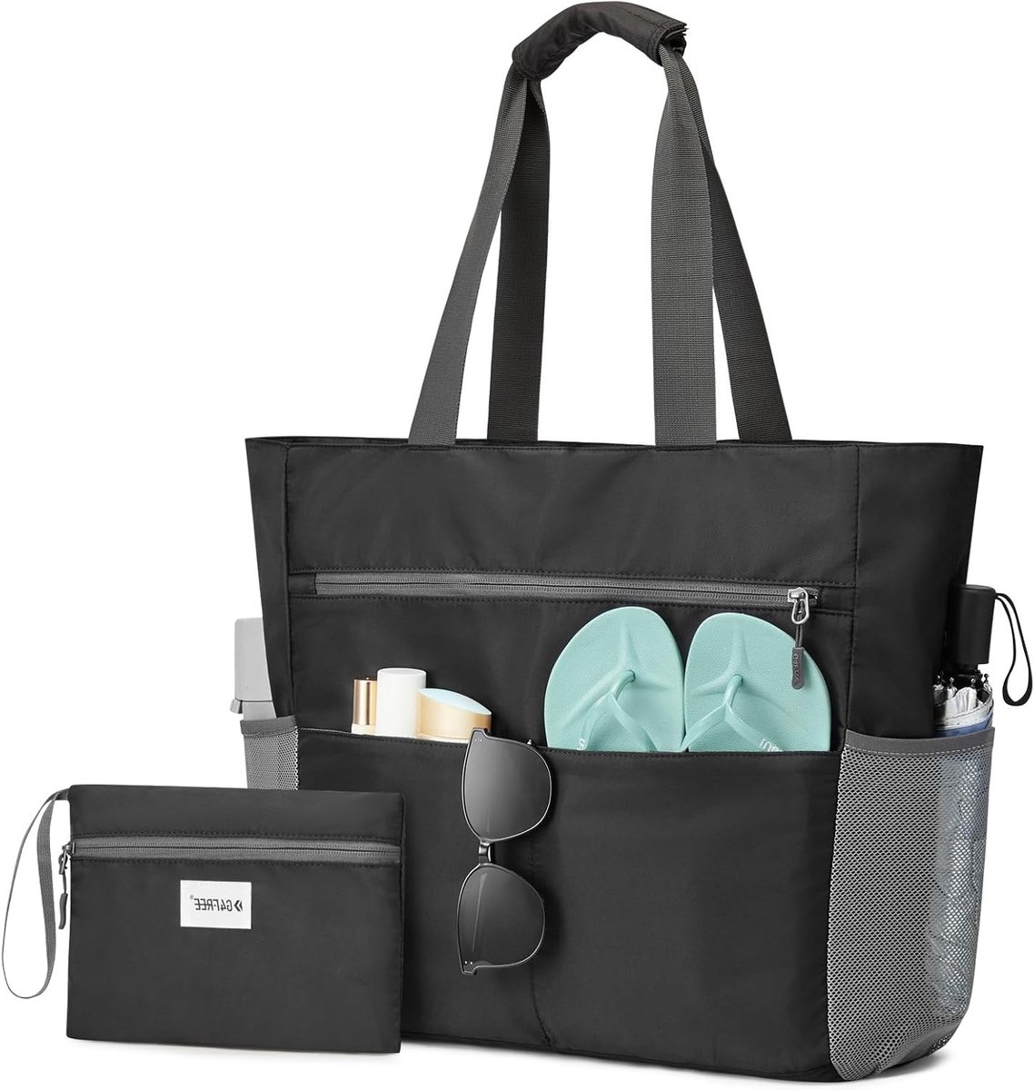 Grote Waterdichte Strandtas voor Dames met Make-up Tas en Ritsvak, Zandbestendig en Ruim, 35L