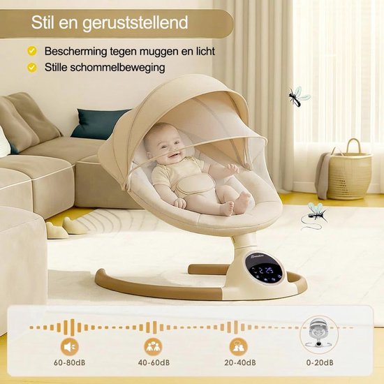 Elektrische Babyschommel - Babywip - Baby Kalmeren - Met Bewegingsmelder - Tot 9 kg - Beige — afbeelding 4