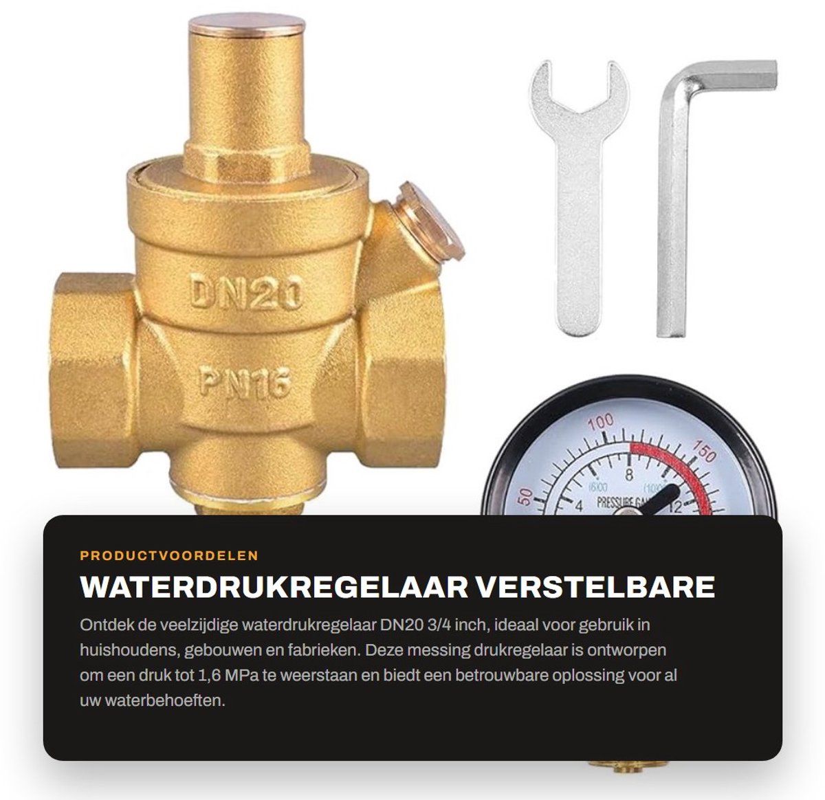 Dailygoods- Waterdrukregelaar DN20 3/4 inch - Messing - Verstelbare Drukregelaar - Manometer - Ontlastklep - Bestand tegen 1,6 MPa