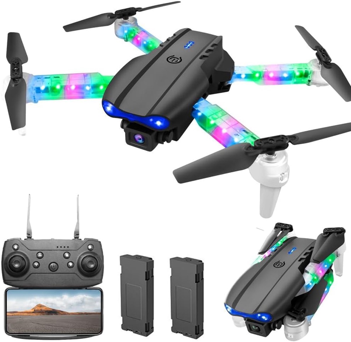 Drone met Camera - Vliegend Speelgoed - Avontuurlijke Vluchten - Kleurrijke LED Verlichting - 1080P Resolutie - Zwart