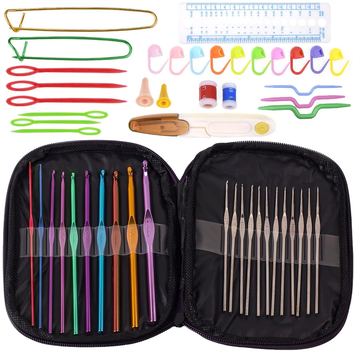 Dailygoods- Haakhaakset 22 Stuks - Ergonomische Haaknaalden - Aluminium - Draagbare Tas - Ideaal Cadeau - Duurzaam en Milieuvriendelijk