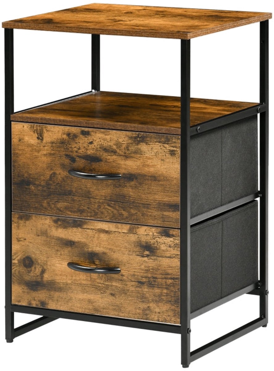 Merax Opbergkast Rustiek Bruin - Ladekast met 2 Stoffen Lades - Industrieel Bijzetkastje met Open Planken - 45 x 40 x 70.5 cm