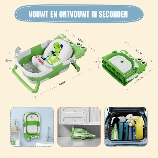 QIN® Baby Badje met Standaard - Baby Badje - Inklapbaar Bad - met Badkussentje en Ingebouwde Thermometer - Appelgroen - 63cm x 42cm x 20cm — afbeelding 4