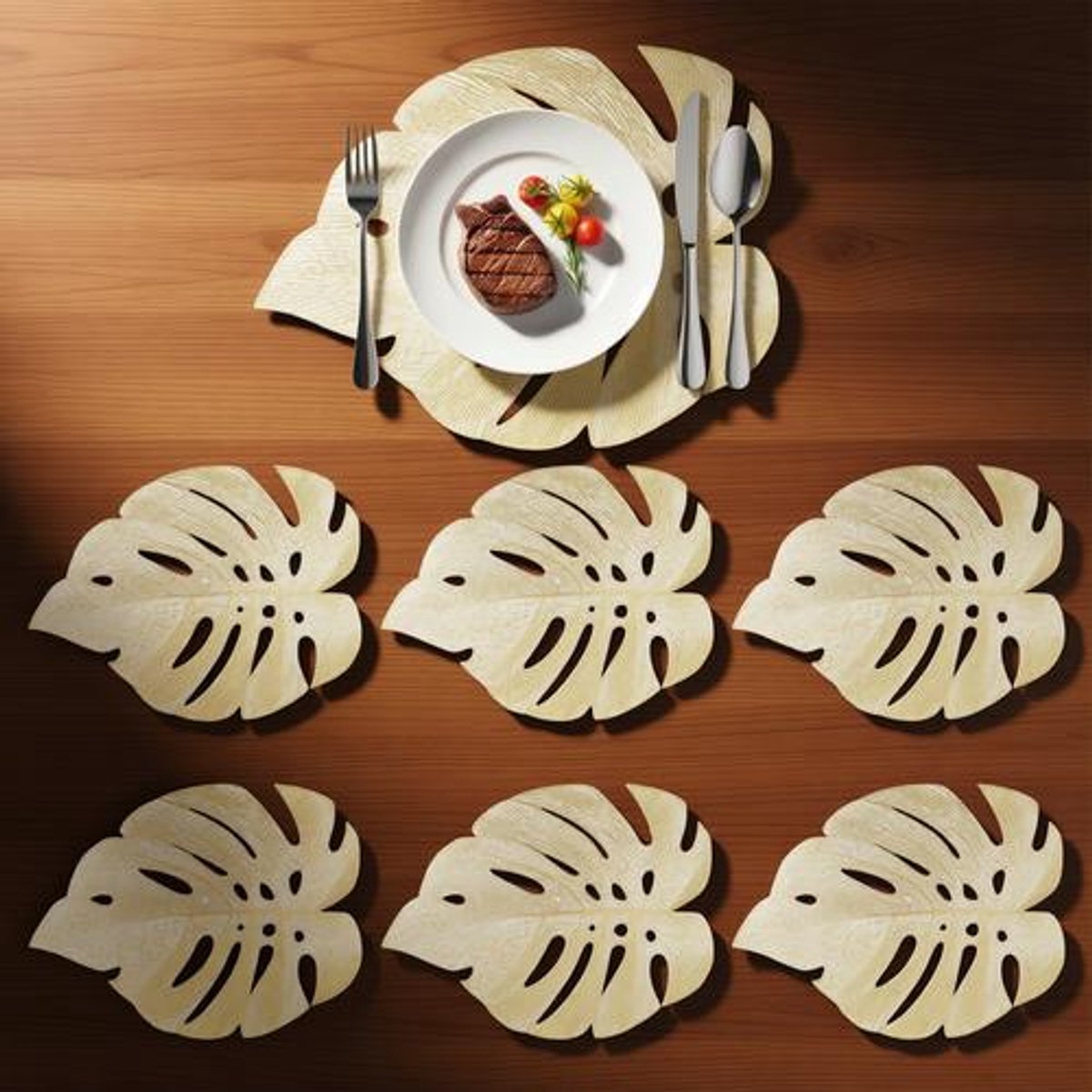 Set van 6 Placemats - Bladvormig Goud - Hittebestendig PVC - Antislip Eettafelmatten - 33x45 cm