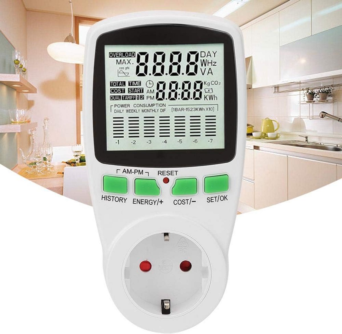Stroommeter Mini Plug - Energie Monitor - Stroomverbruik Meten - Groot Scherm - 220V - Multicolor