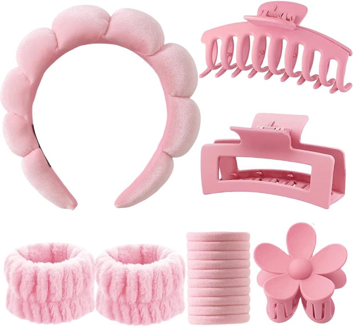 16-delige Haar Accessoires Set - Make-up Hoofdband Polsbanden - Gezichtsverzorging en Styling - Zachte Spons en Fleece - 16 Stuks