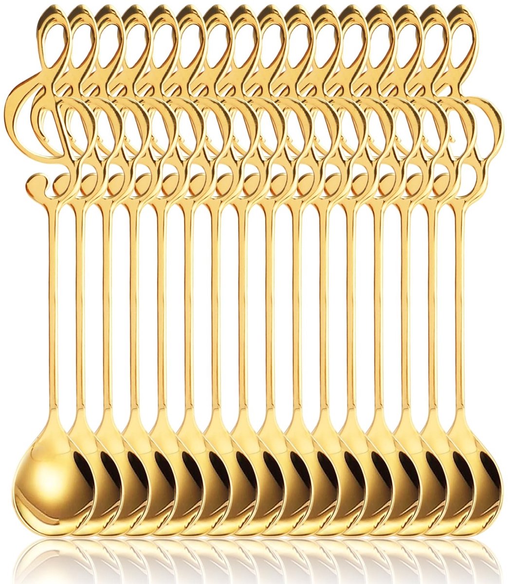 Dailygoods- Koffielepels 16 stuks - Goud - Roestvrij Staal - Muzieknoten - Decoratief - 15,5 cm - Theelepels