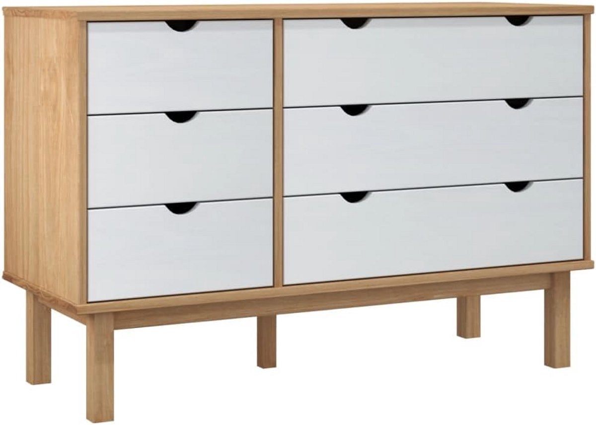 Ladekast Hout - Opbergkast Bureau - Spullen Opbergen - Massief Vurenhout - 111 cm Breed - Bruin Wit