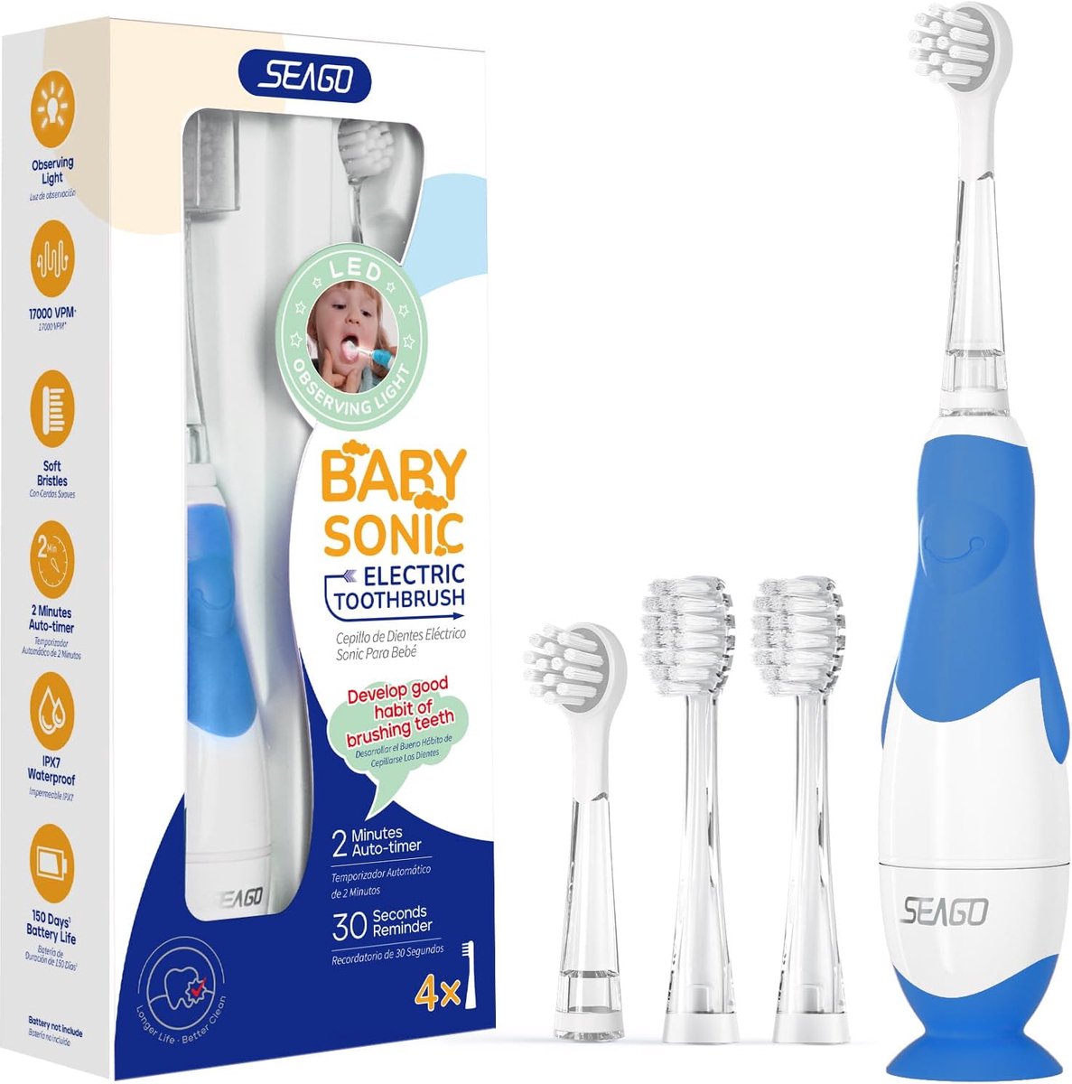 Baby Elektrische Tandenborstel - Peuter Borstel - Tandenpoetsen Leren - Met Licht & Timer - 4 Opzetborstels - Marineblauw