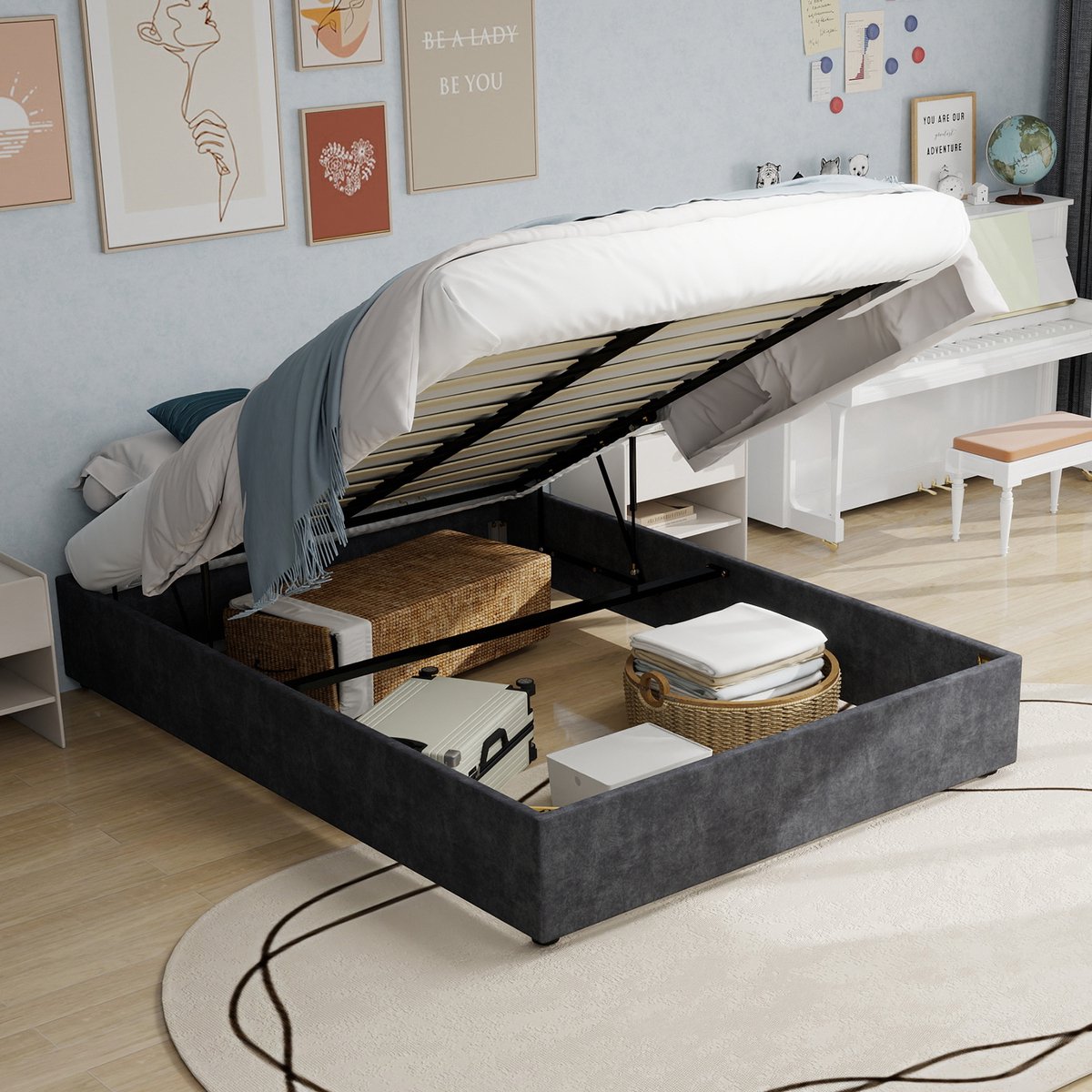 DESMIU Gestoffeerd Bed 160x200 cm Zonder Matras – Bedframe Met Gasveer Opbergruimte – Voor Slaapkamer – Stof En Metaal – Grijs