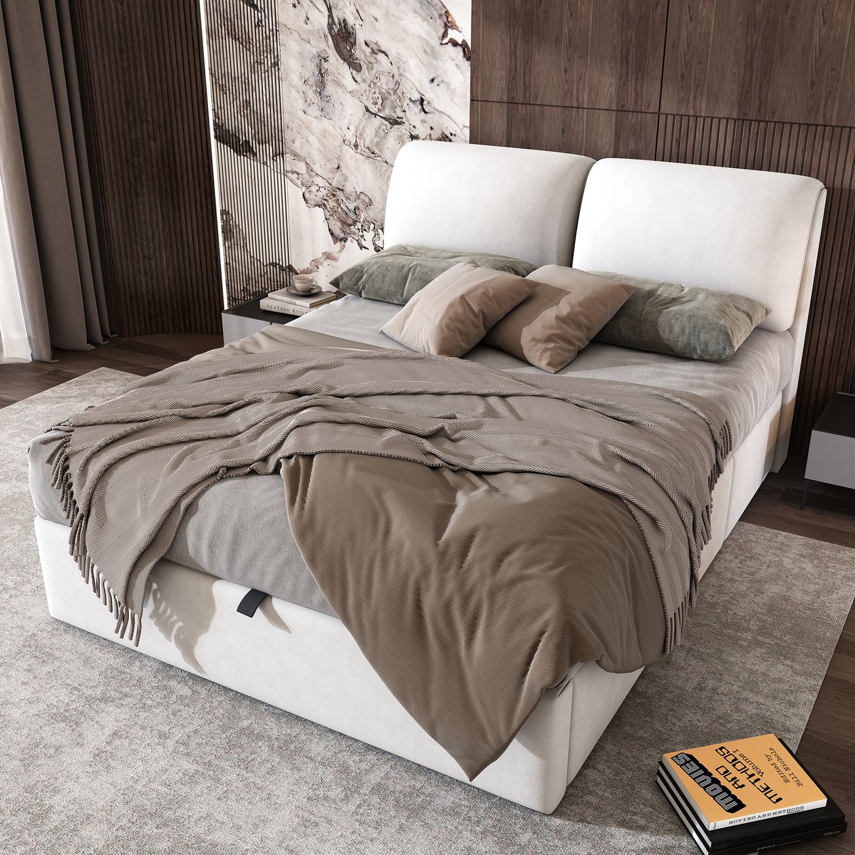 DESMIU Gestoffeerd Bed 140x200cm - Hydraulisch Opbergbed Met Drie Lades En Bedkist - Verstelbaar Hoofdbord Voor Slaapkamer - Fluweel - Beige - Zonder Matras Wit
