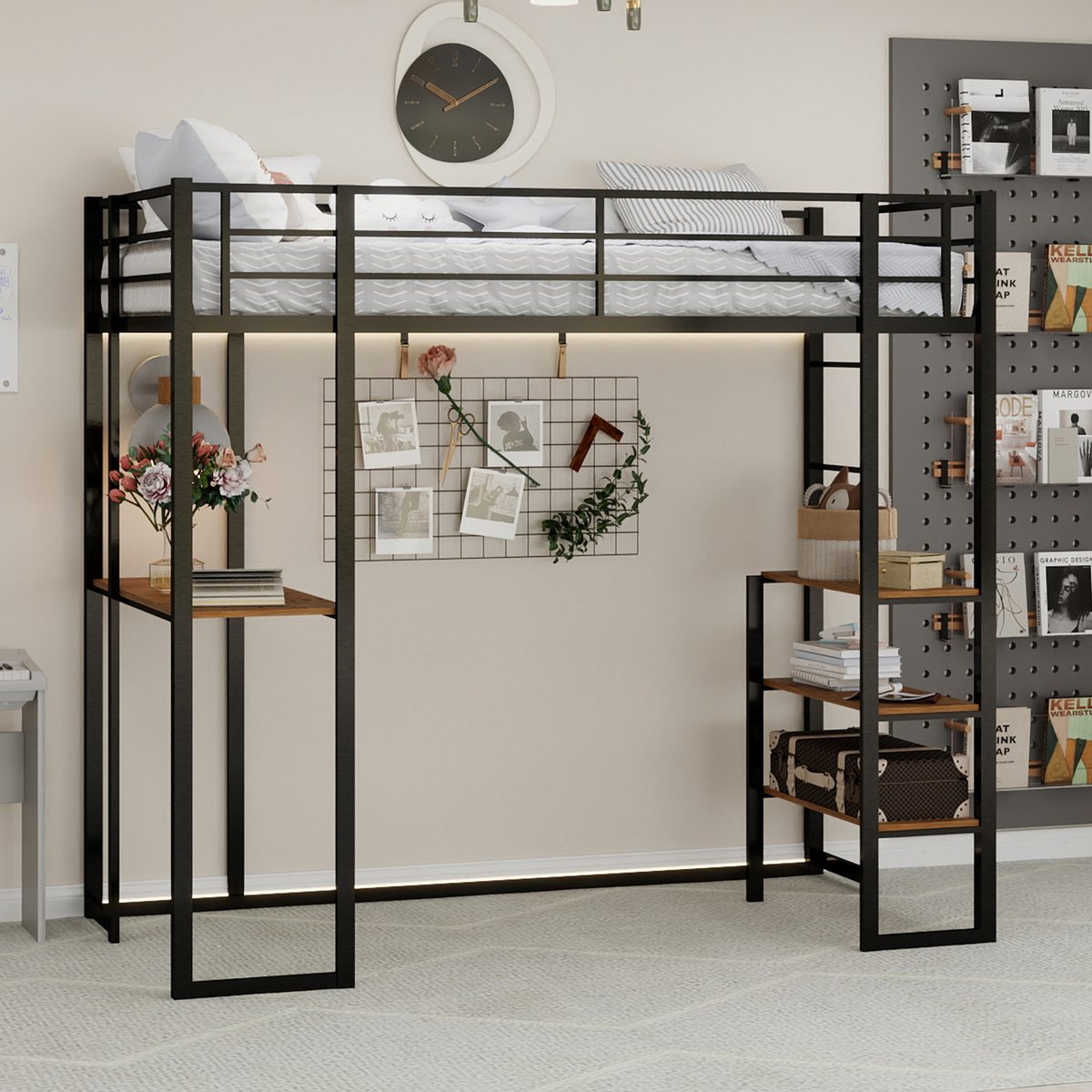 DESMIU Metalen Hoogslaper 90x190cm – Ruimtebesparend Bed Met Bureau – Ladder Aan Beide Zijden – Opbergruimte Onder Het Bed – Voor Kinderkamer En Jeugdkamer – IJzer – Zwart – Zonder matras