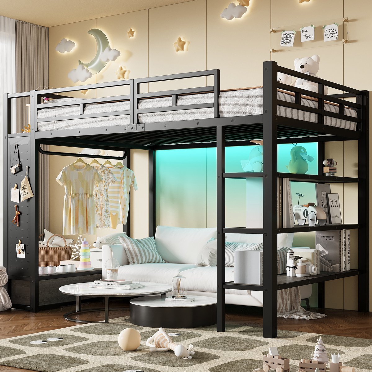 DESMIU Halfhoog Bed 140x200 cm - Hoogslaper Met Open Garderobe, Opbergplanken En Gatenwand - Met Ledverlichting - Zwart - Zonder Matras