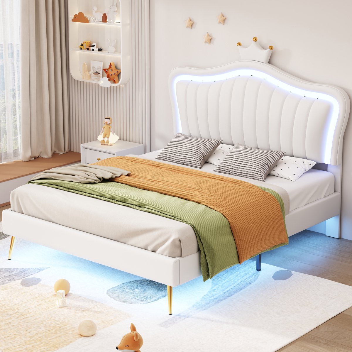 DESMIU Kinderbed 140x200cm – Gestoffeerd Bed Met Kronen Hoofdbord En Verstelbare Rugleuning – Met Opbergruimte Onder Bed – Voor Kinderkamer – MDF Kunstleer Metaal – Wit – Zonder Matras
