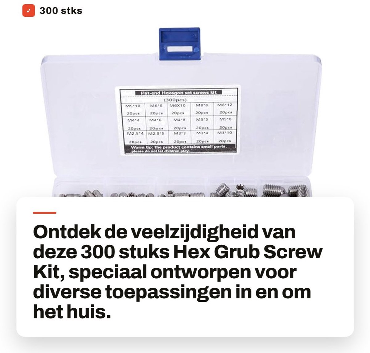 Dailygoods- Grub Schroef Set 300 Stuks - Bevestigingsmiddelen - Roestvrij Staal - Multifunctioneel - Metrische Maten - Inclusief Sleutel - Schroeven