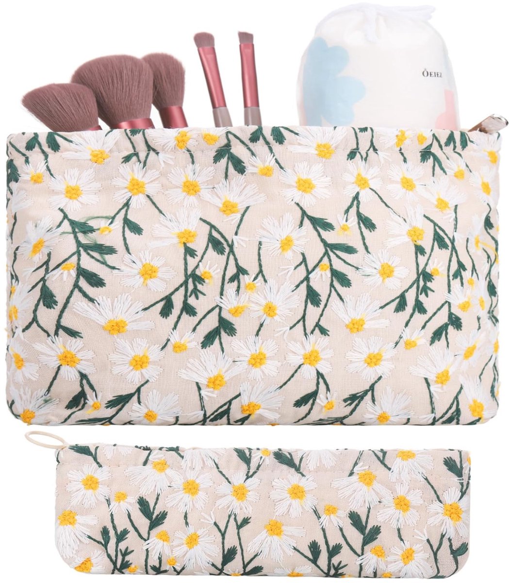 Dailygoods- Cosmeticatas 2-delig - Kleine Toilettas met Ritssluiting - Multifunctionele Reiscosmetica-Organizer - Compact Design - Hoogwaardig Katoenen Canvas - Geborduurd Madeliefjespatroon - Make-uptas